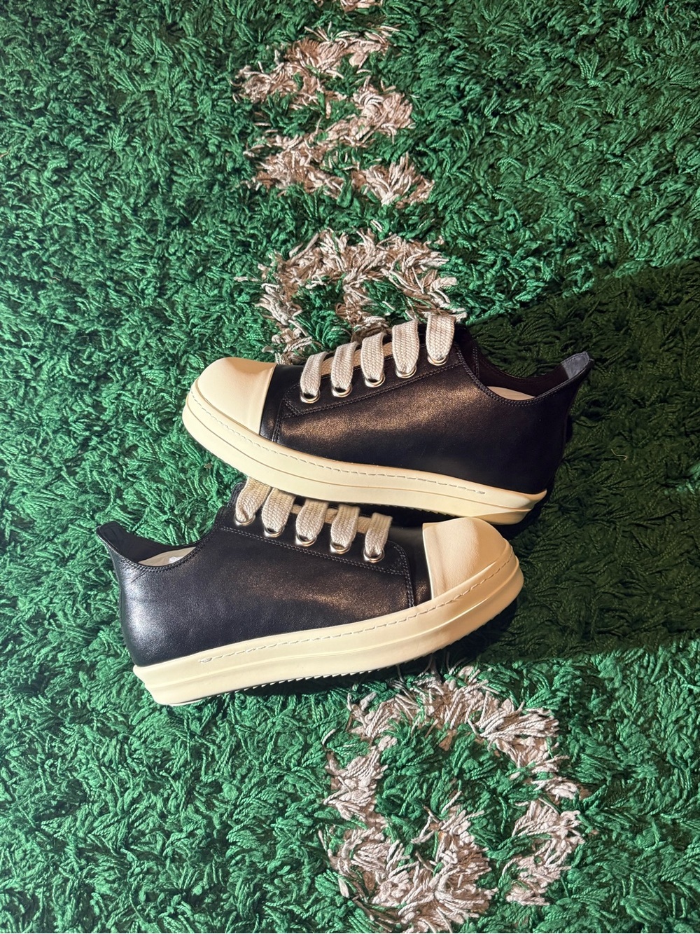 Rick Owens Black Leather Sneakers with Cream Sole